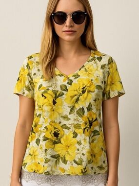 LOGO by Lori Goldstein Yellow Floral V-Neck Tee with Lace Hem Size M